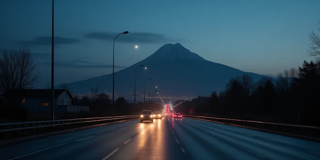 a city street with a mountain in the background at night time with cars driving on it and a city str