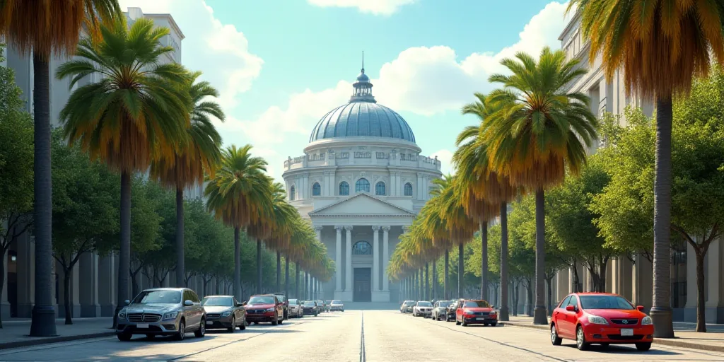 a city street with palm trees and a large building in the background with a domed glass dome on top,