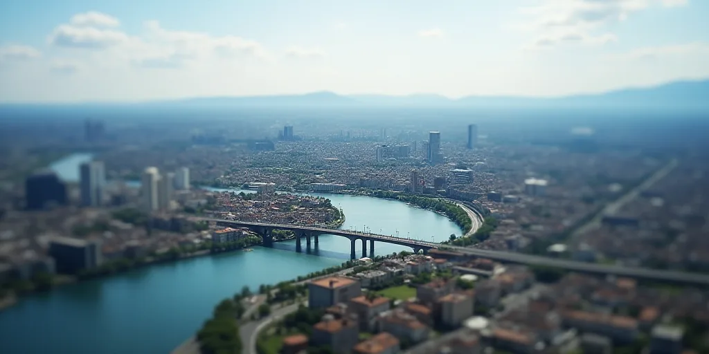 a city with a bridge and a bridge over it with a sky line above it and a city below, Aquirax Uno, bl