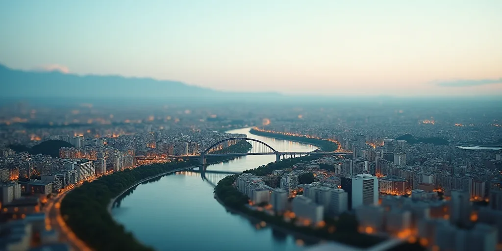 a city with a bridge and a bridge over it with a sky line above it and a city below, Aquirax Uno, bl