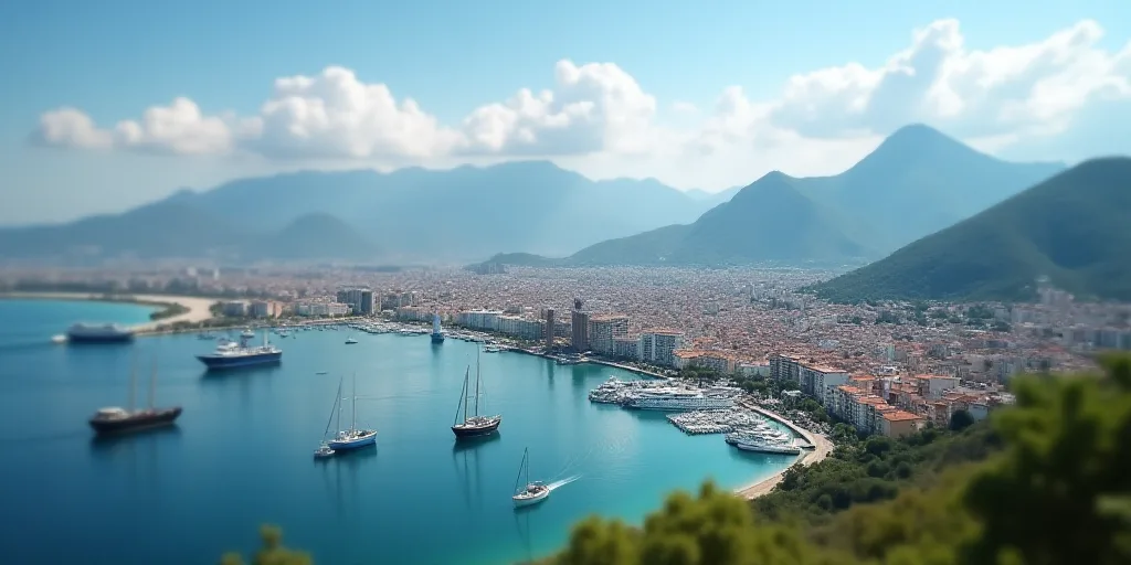 a city with a harbor and mountains in the background and boats in the water in the foreground and a