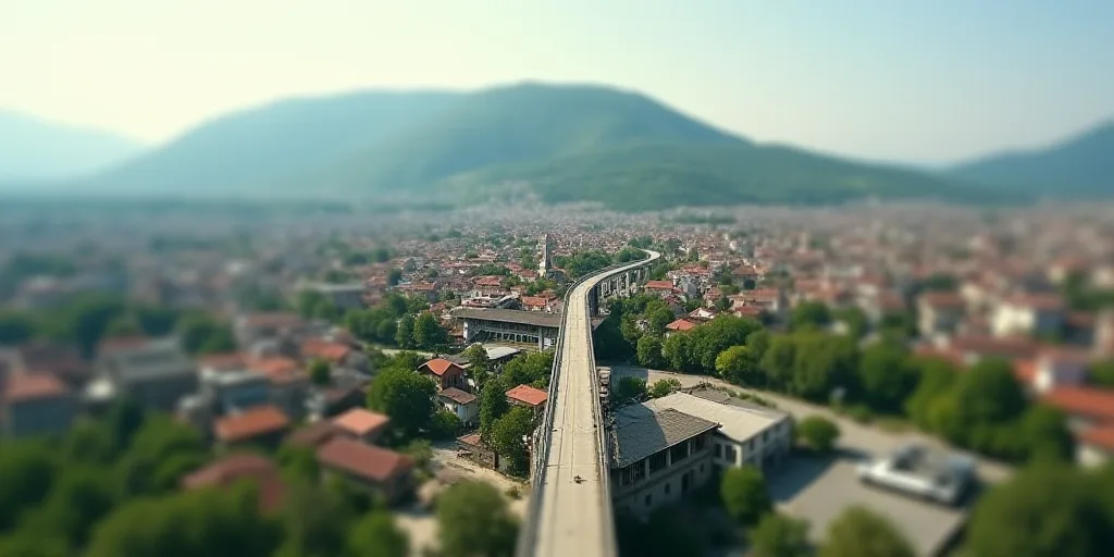a city with a hill in the background and a bridge in the foreground with a bridge going across it, A