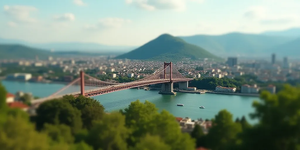 a city with a hill in the background and a bridge in the foreground with a bridge going across it, A