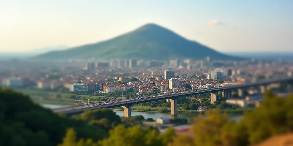 a city with a hill in the background and a bridge in the foreground with a bridge going across it, A