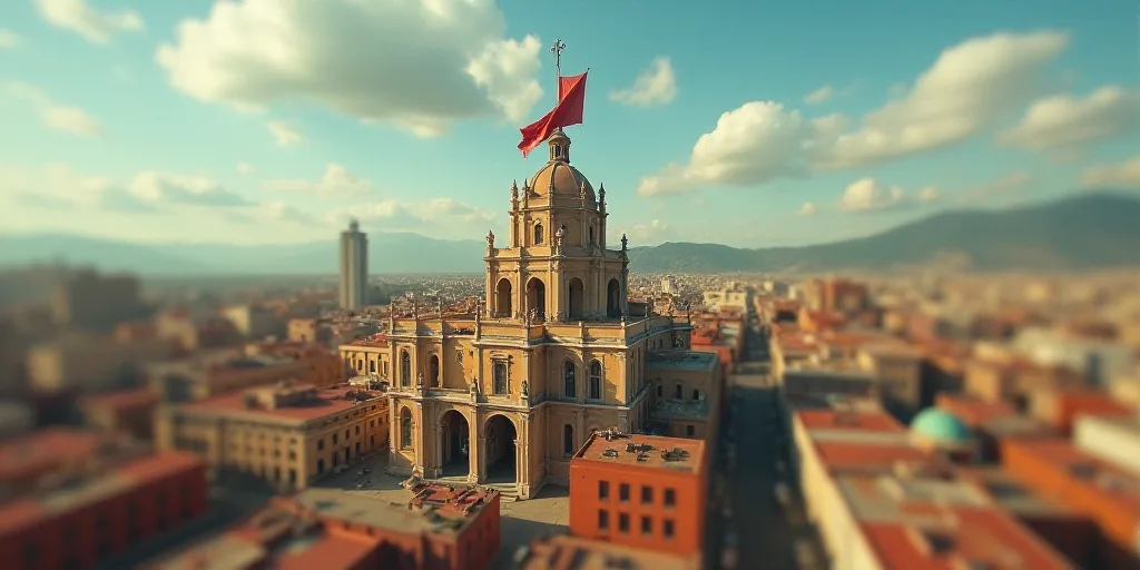 a city with a large cathedral and a flag flying in the air above it and a large city with a large ca