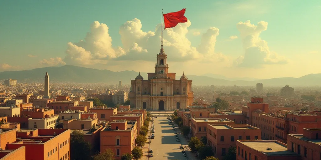 a city with a large cathedral and a flag flying in the air above it and a large city with a large ca