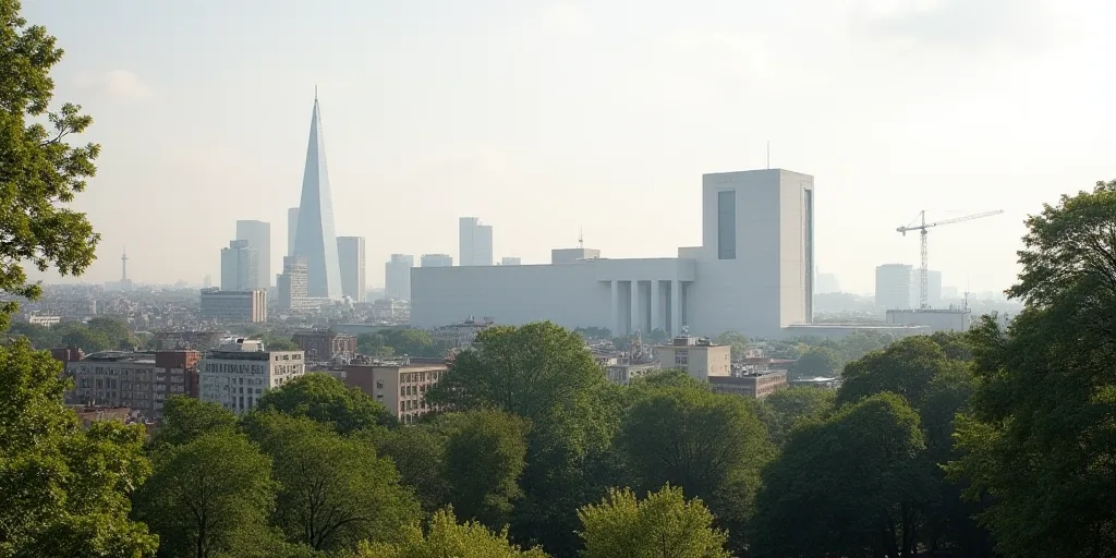 a city with a large white building in the background and trees in the foreground, and a few building