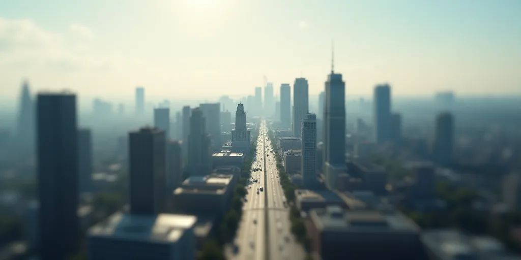 a city with a lot of buildings and a road in the middle of it with a sky background that is very hig
