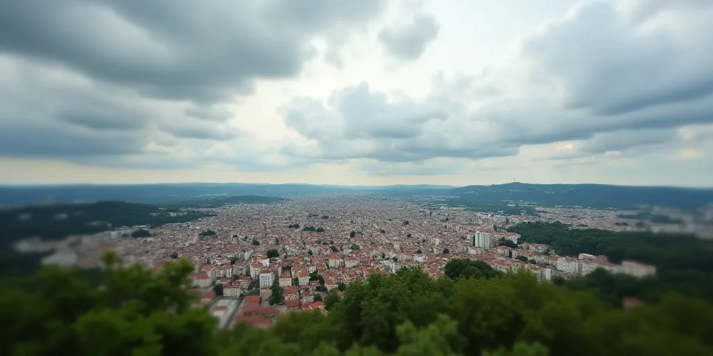 a city with a lot of buildings and trees in the foreground and a cloudy sky in the background, Cefer