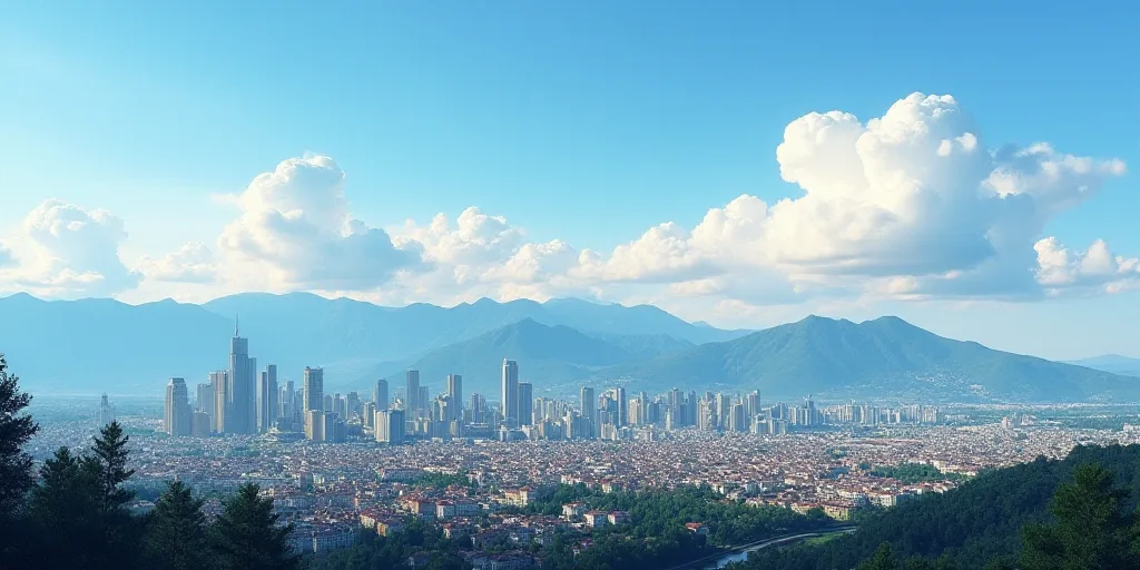 a city with a lot of buildings and mountains in the background, and a blue sky with clouds in the ba