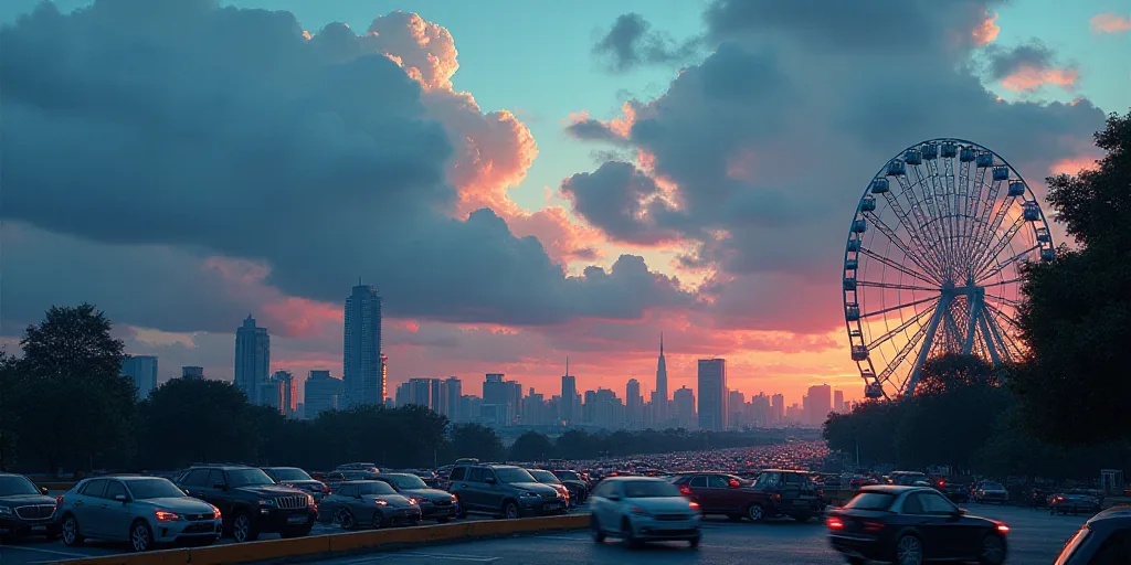 a city with a lot of cars parked in it at dusk time with a sky full of clouds and a ferris wheel, Ed