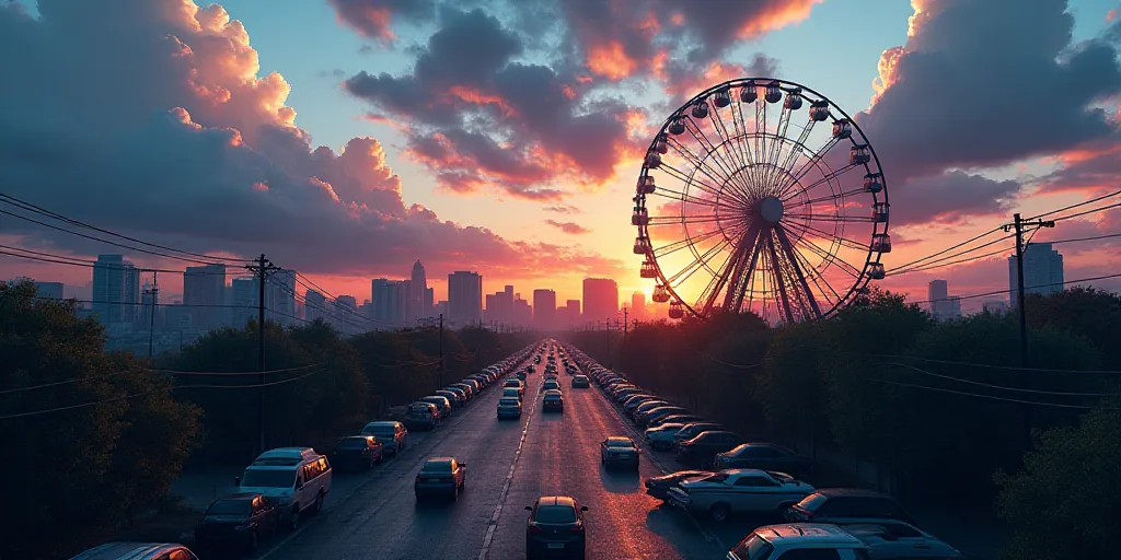a city with a lot of cars parked in it at dusk time with a sky full of clouds and a ferris wheel, Ed