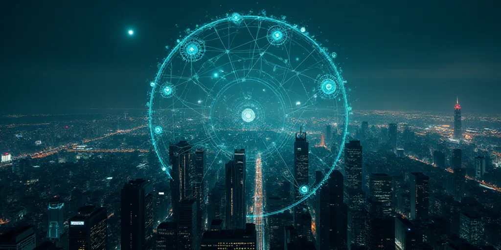 a city with a lot of connected icons above it and a dark sky background with buildings and skyscrape