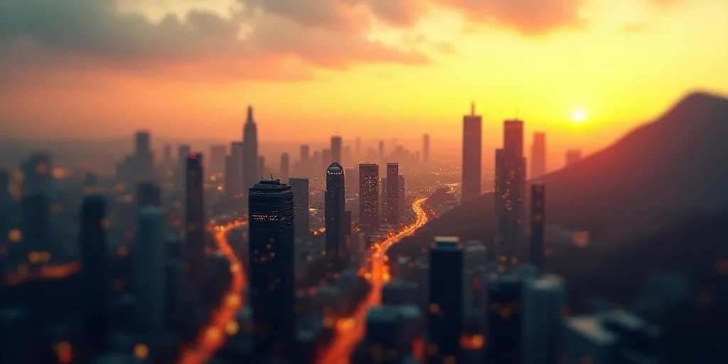 a city with a lot of tall buildings and a mountain in the background at sunset or dawn with a bright