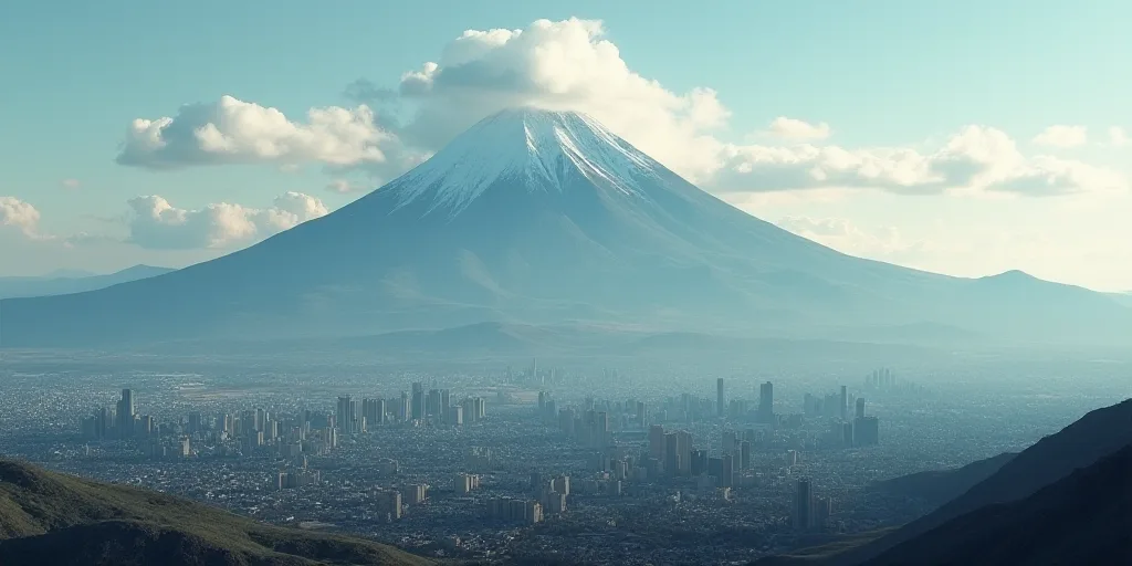 a city with a mountain in the background and clouds in the sky above it, with a cityscape in the for