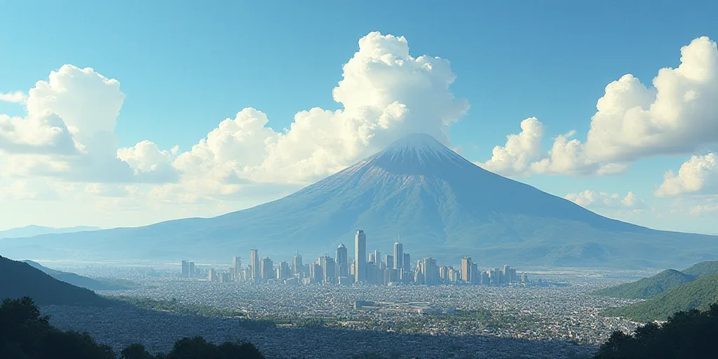 a city with a mountain in the background and clouds in the sky above it, with a cityscape in the for