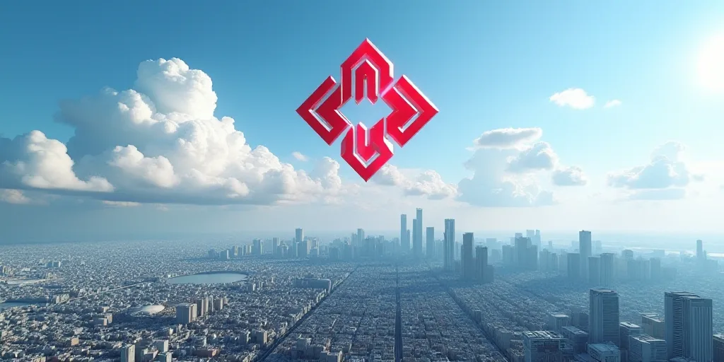 a city with a red and white logo over it and a blue sky with clouds in the background with a red and