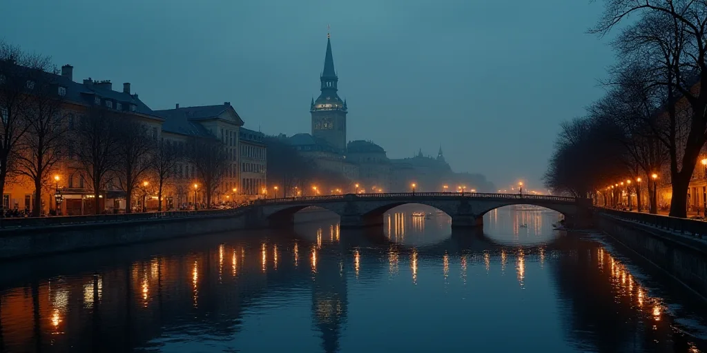a city with a river running through it at night time with a bridge going over it and a tall building