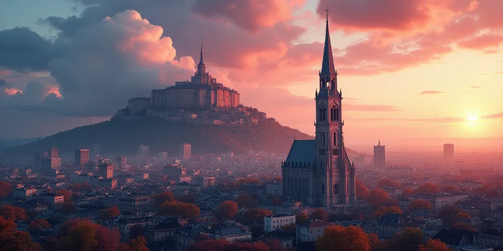 a city with a very tall church tower next to a hill with a lot of buildings on it and a colorful sky