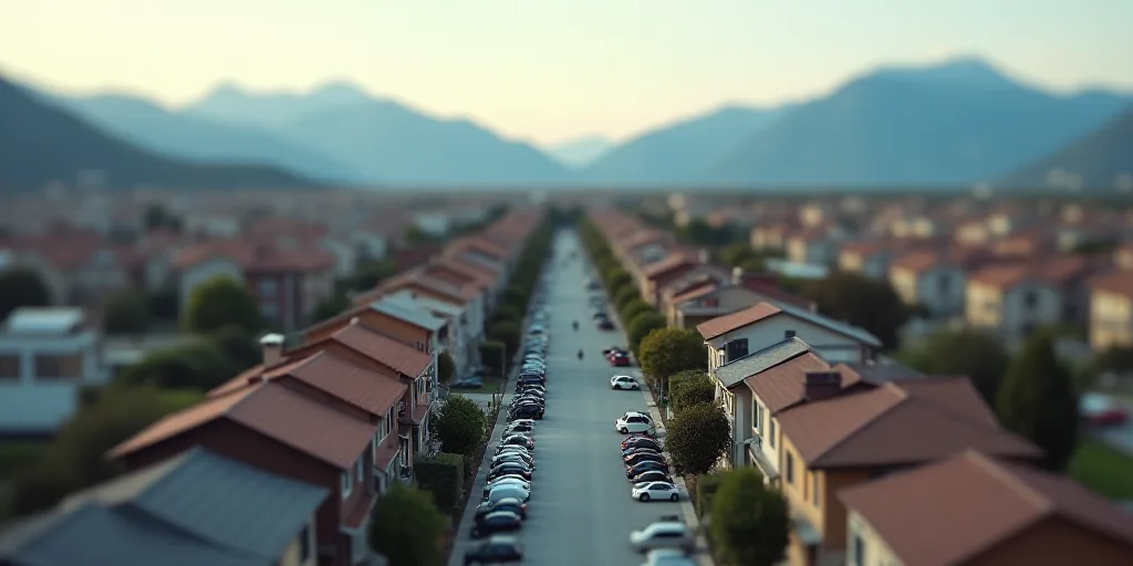 a city with lots of houses and cars parked in front of them and mountains in the background in the d