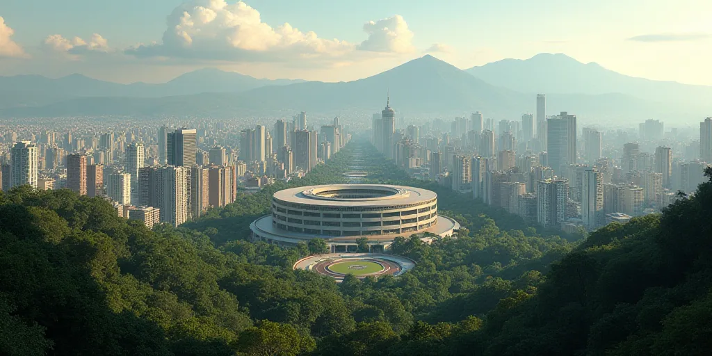 a city with lots of tall buildings and lots of trees in the foreground and a large circular building
