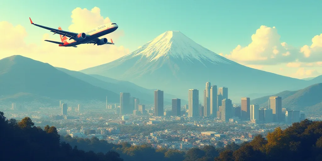 a city with mountains in the background and a plane flying over it in the foreground of the picture,