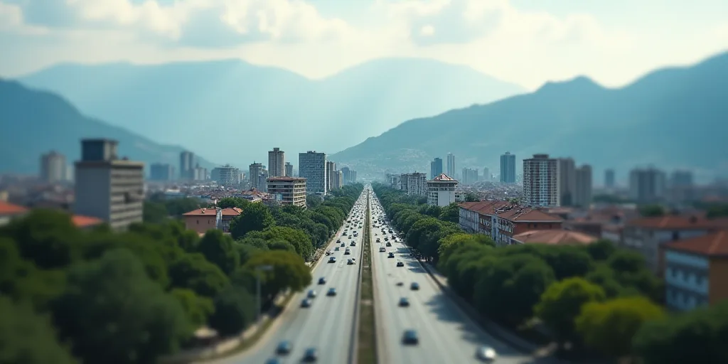 a city with mountains in the background and a road in the foreground with cars on it and a bridge in