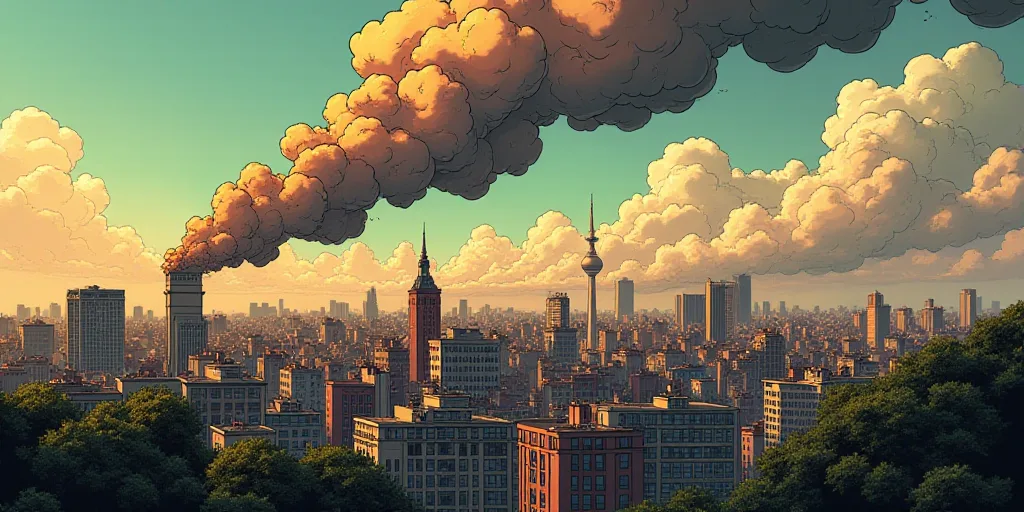 a city with smoke billowing out of it's buildings and buildings in the background, with a large plum