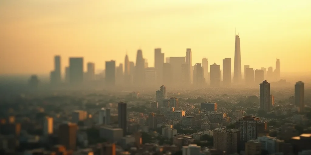 a city with tall buildings and a sky scraper in the background with a hazy sky in the foreground, Da