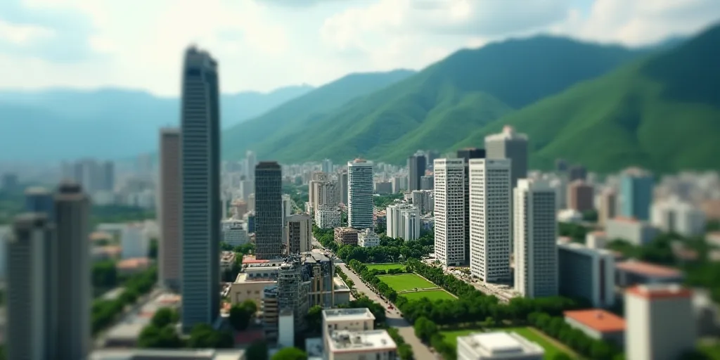 a city with tall buildings and a green hillside in the background is seen from a bird's eye view, Ed