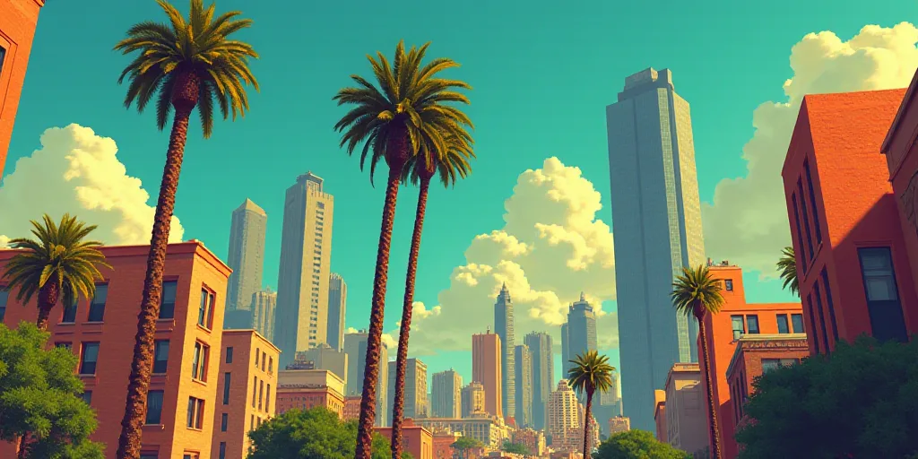 a city with tall buildings and a street sign in front of it with a palm tree in the foreground, Dieg