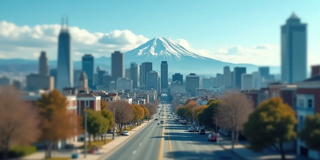 a city with tall buildings and a street in the foreground and a mountain in the background with a bl