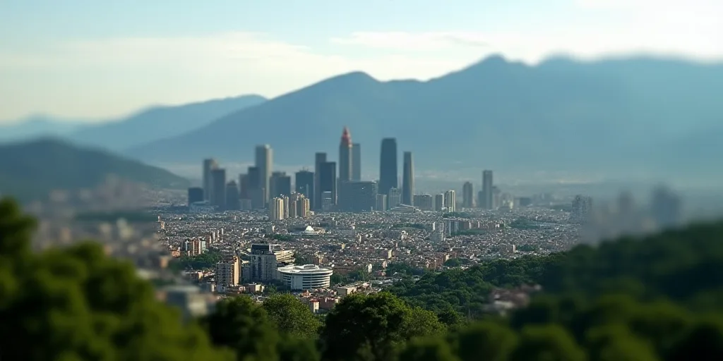 a city with tall buildings and a lot of trees in the foreground and mountains in the background,, Ca
