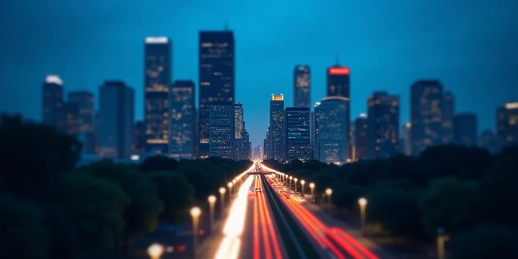 a city with tall buildings and a lot of traffic in the middle of it at night time with a blue sky, C
