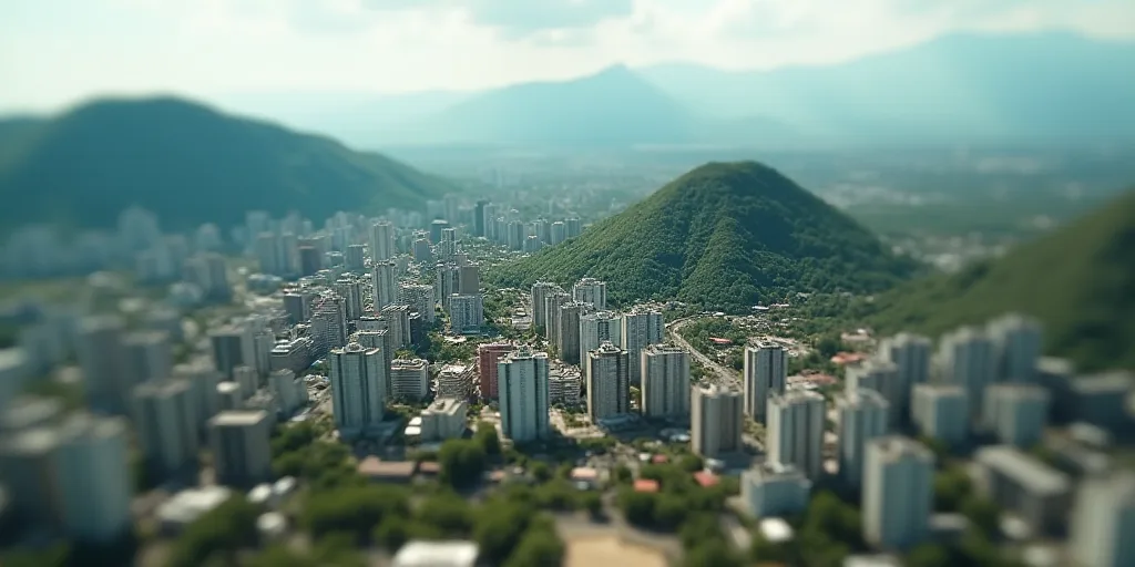 a city with tall buildings and a green hillside in the background is seen from a bird's eye view, Ed