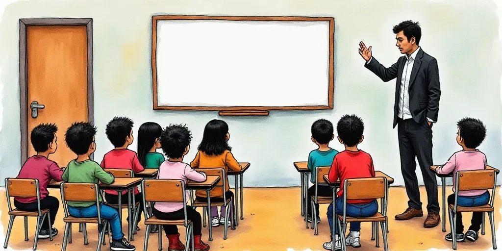 a classroom with a man standing in front of a whiteboard and a group of children sitting in chairs,