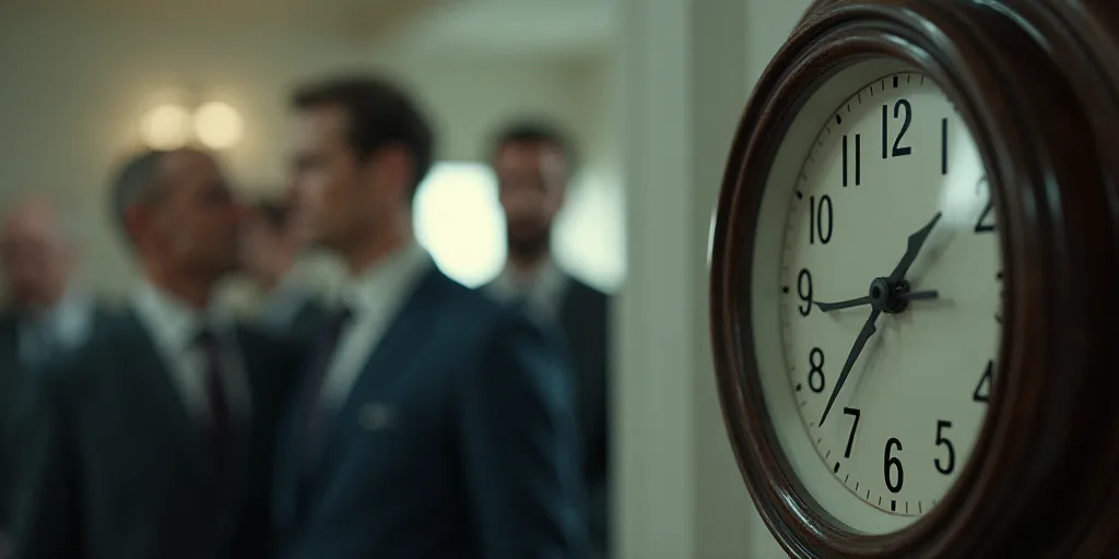 a clock with a group of men in the background with a blurry image of a clock face in the foreground,