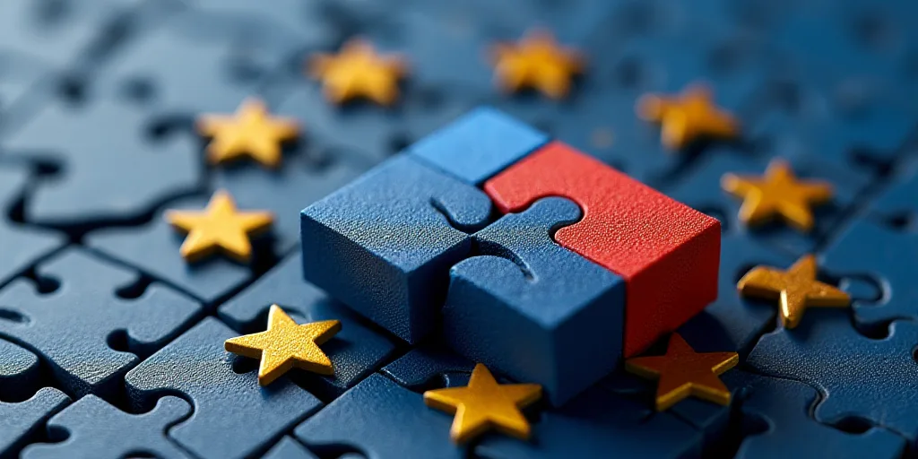a close up of a block of block of blocks with the flag of the european union behind it and a flag of