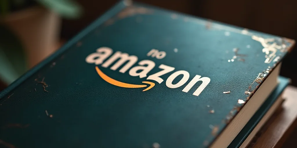 a close up of a book with the amazon logo on it and the words no amazon on it in white letters, Andr
