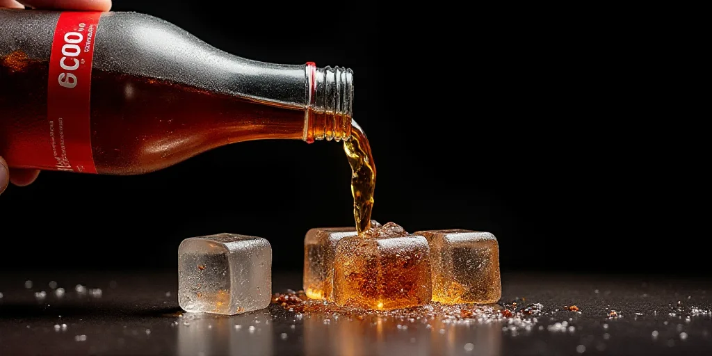 a close up of a bottle of soda being poured into ice cubes with a black background and a red cap, Do