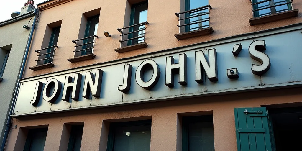 a close up of a building with a sign on it's side that says, john john's, Évariste Vital Luminais,