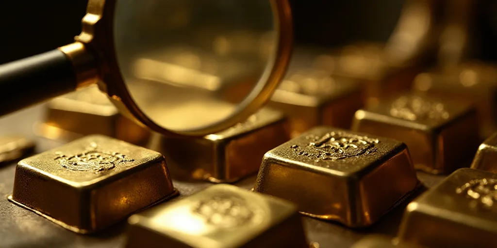 a close up of a bunch of gold bars on a table with a magnifying glass in front of it, Enguerrand Qua