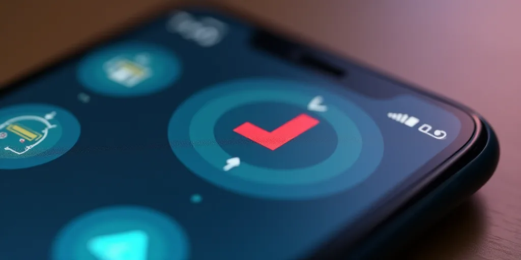 a close up of a cell phone with a check mark on it's screen and a check mark on the back of the phon