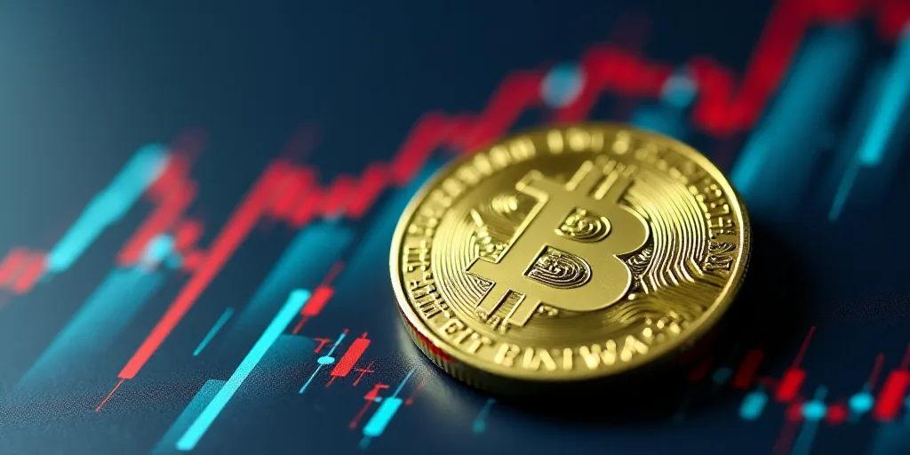 a close up of a coin on a table with a graph in the background and a red line going up, Aquirax Uno,