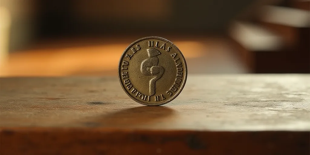 a close up of a coin on a wooden surface with a wooden floor in the background and a wooden table to
