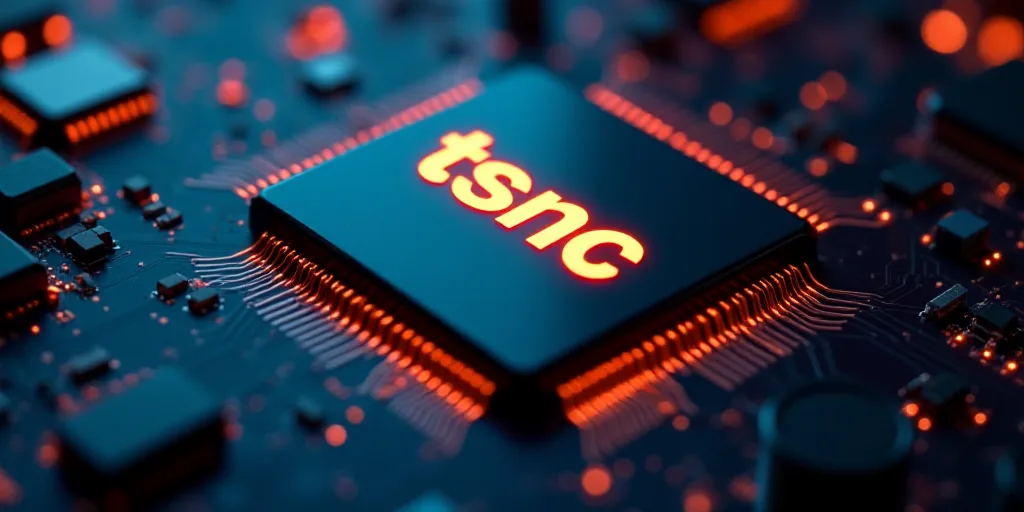 a close up of a computer chip with the tsnc logo on it and a circuit board in the background, Arnold
