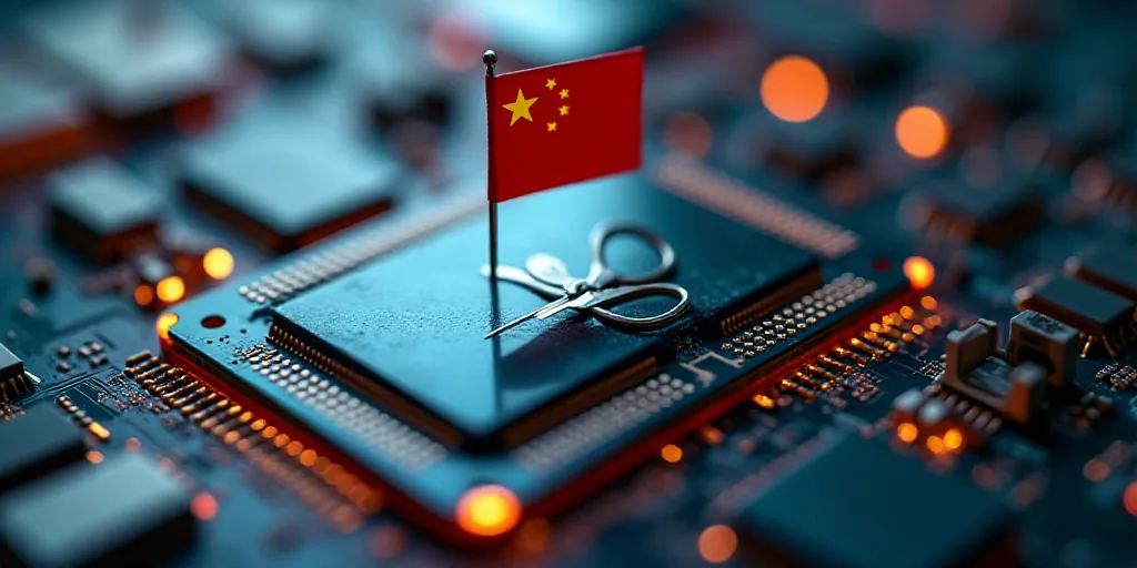 a close up of a computer chip with a flag on it and a pair of scissors in the middle, Cui Bai, futur