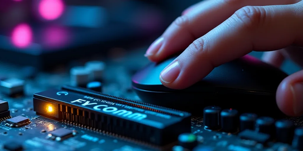 a close up of a computer motherboard with the word foxcomm on it's side and a person holding a mouse