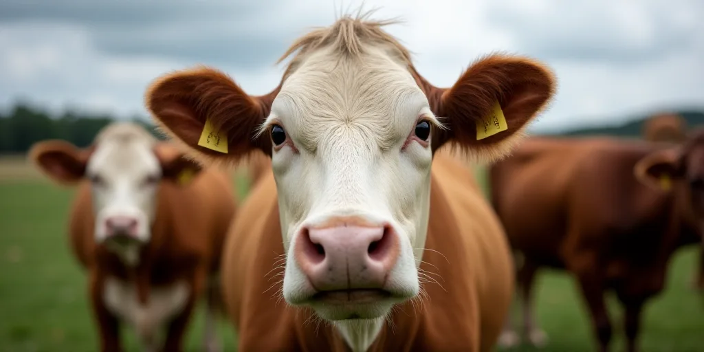a close up of a cow with other cows in the background behind it, looking at the camera with a seriou