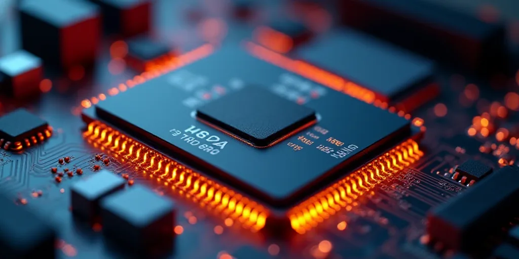 a close up of a cpu chip on a computer board with a chip chip on it's side, Andries Stock, rtx on, a